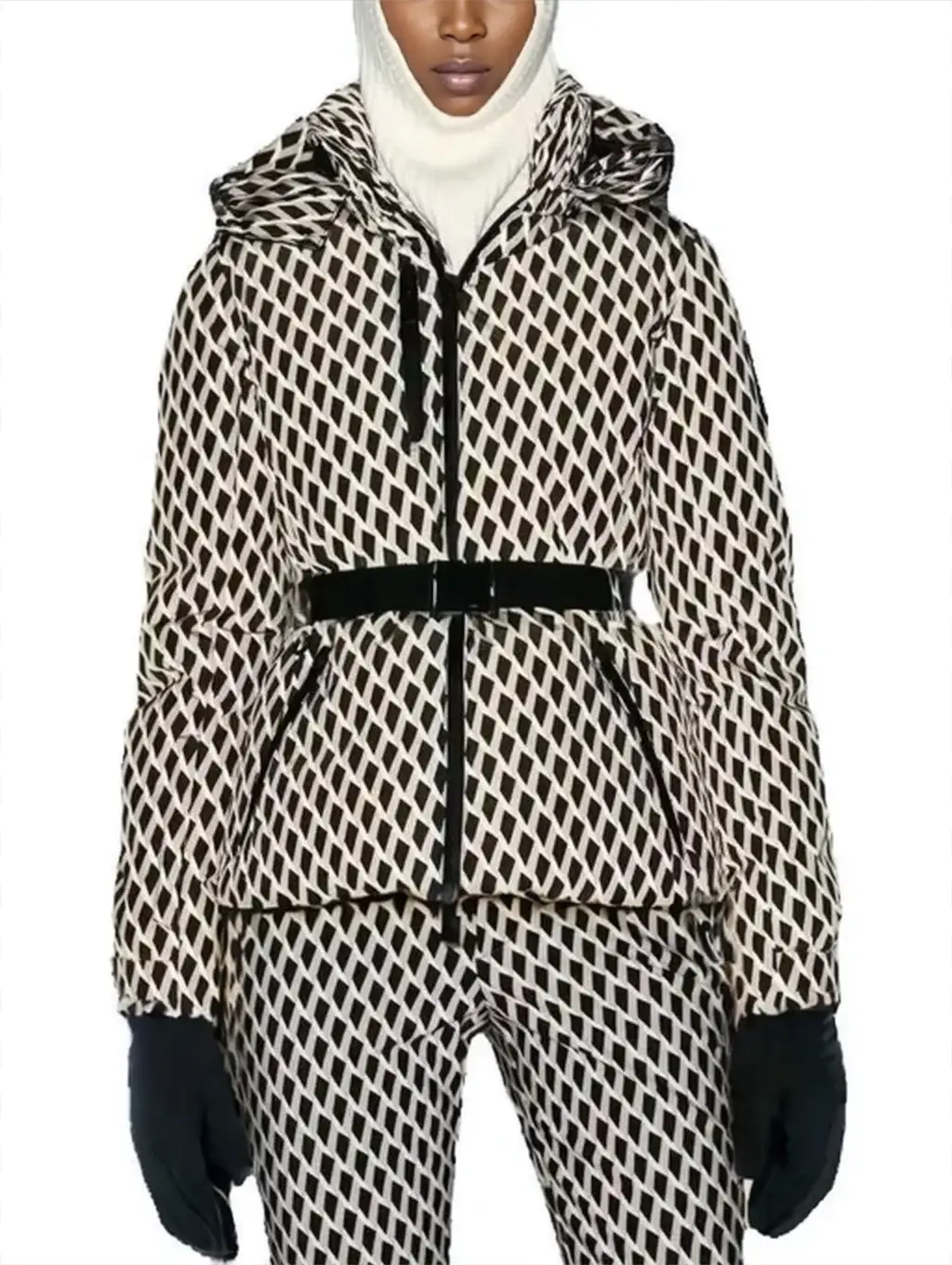 FrostPeak Womens Winter Hooded High Waist Padded Parka Belted Windproof Insulated Coat With Pockets For Skiing