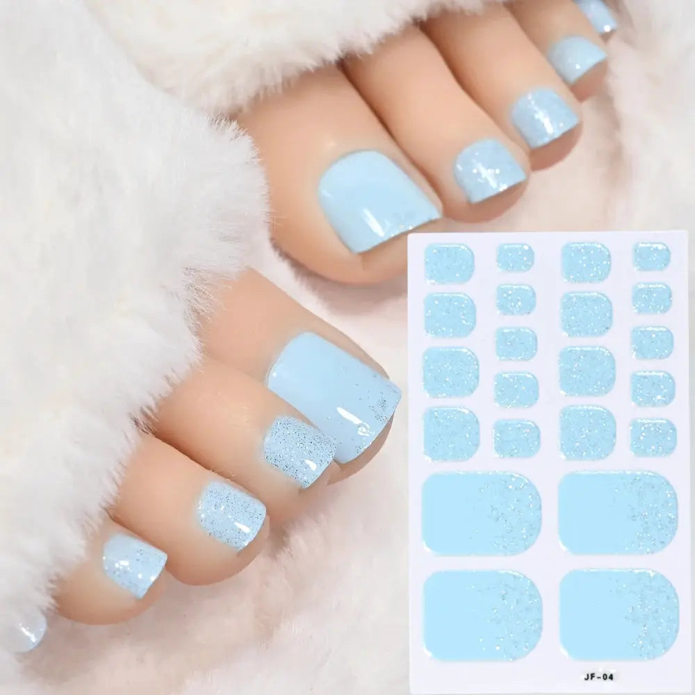 Toenail sticker wraps in pastel blue glitter, full-coverage self-adhesive decals