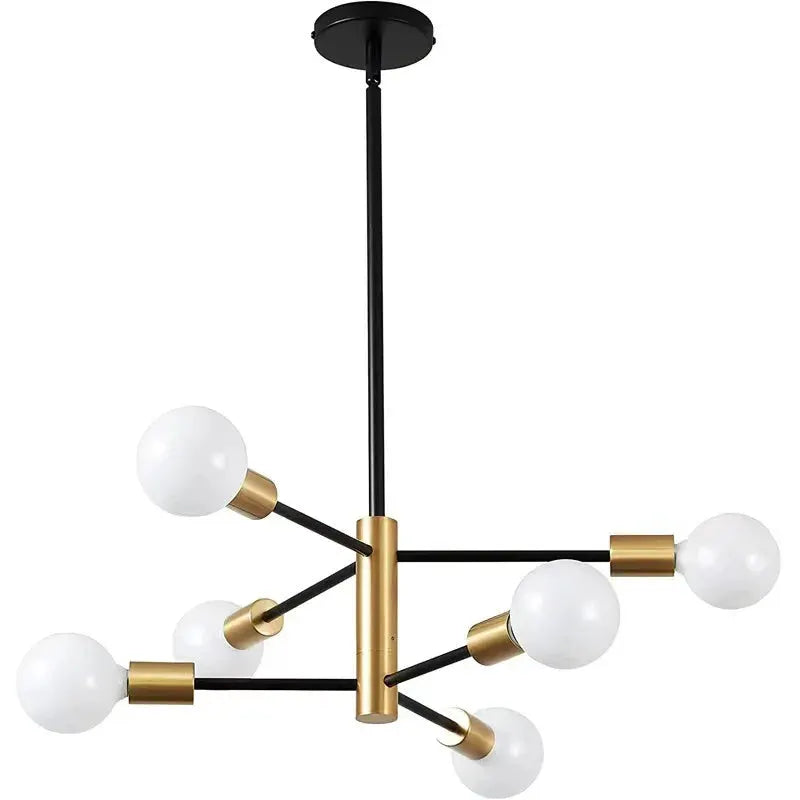 Nordic LED chandelier with black and brass metal arms and 6 white glass globes