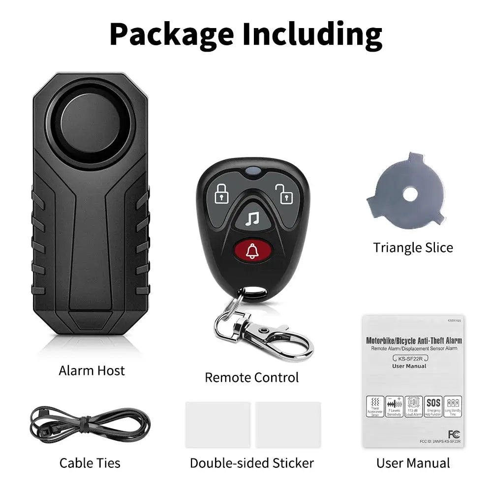Randpow Waterproof Wireless Anti-Theft Alarm Kit 6-piece by Simples Market; alarm host, remote, cable ties, stickers.