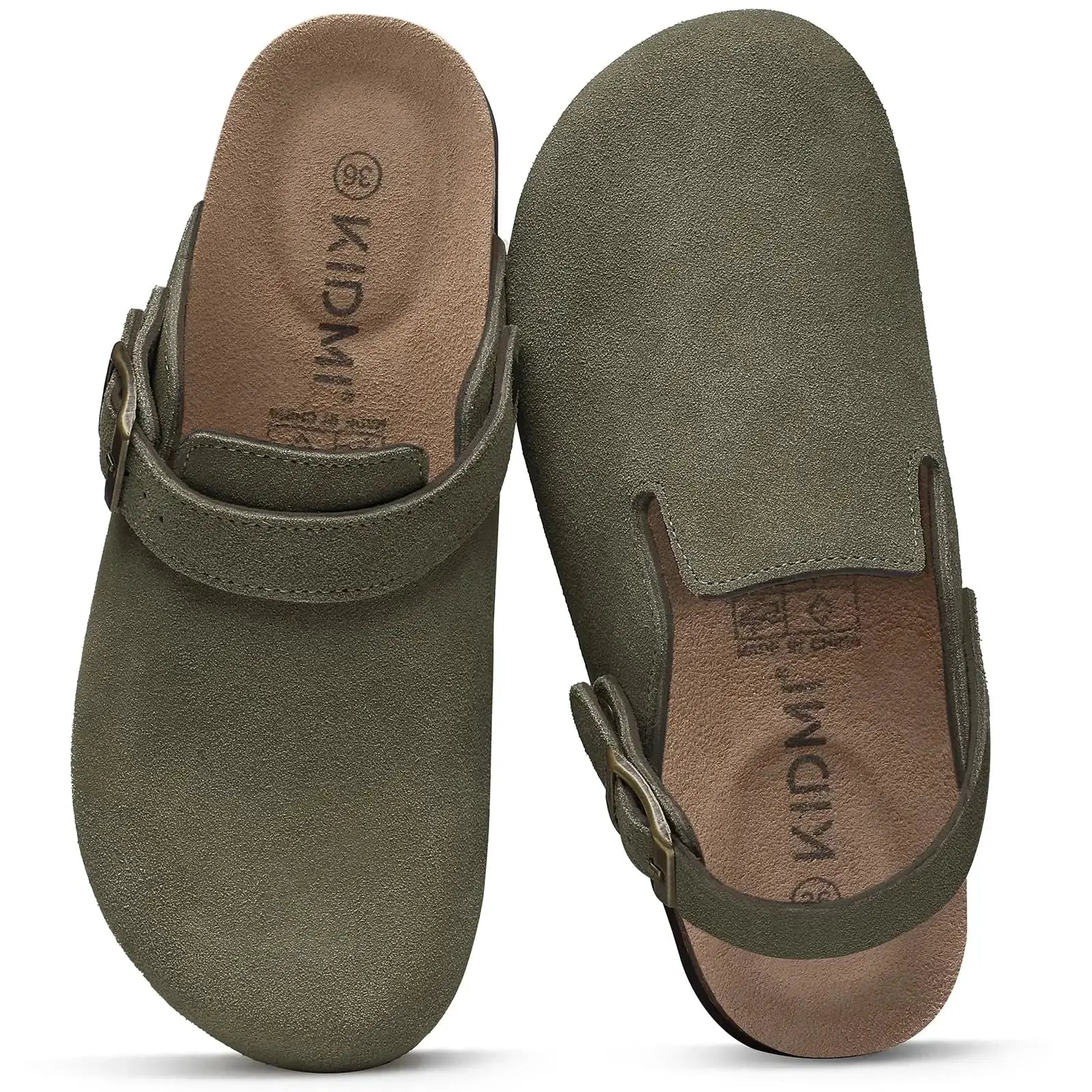 Simples Market Crestar pair of olive-green suede clogs with adjustable strap, cork footbed and leather lining