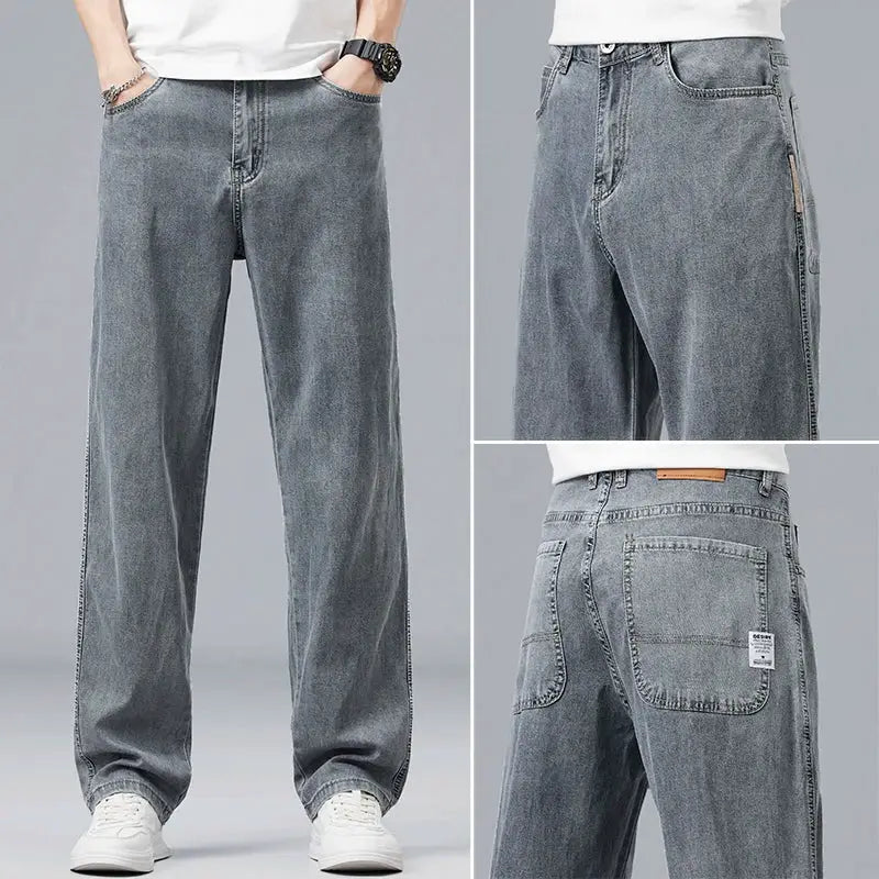 Men's loose-straight denim jeans in light blue-gray with front and back pockets