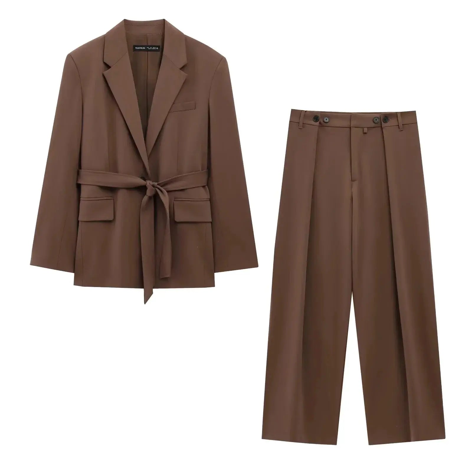 KONDALA brown women's two-piece suit with belted blazer and matching wide-leg pants