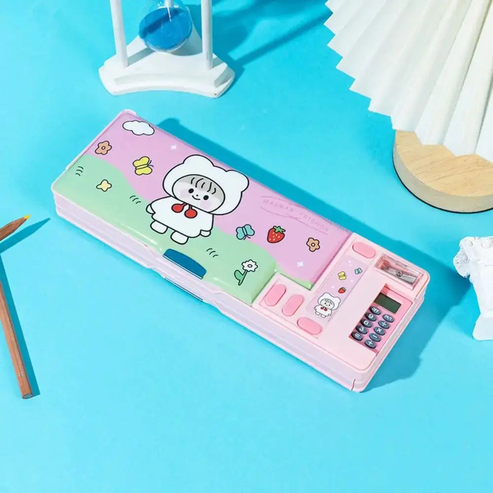 Double-layer pink plastic pencil case with built-in calculator and astronaut/animal design.
