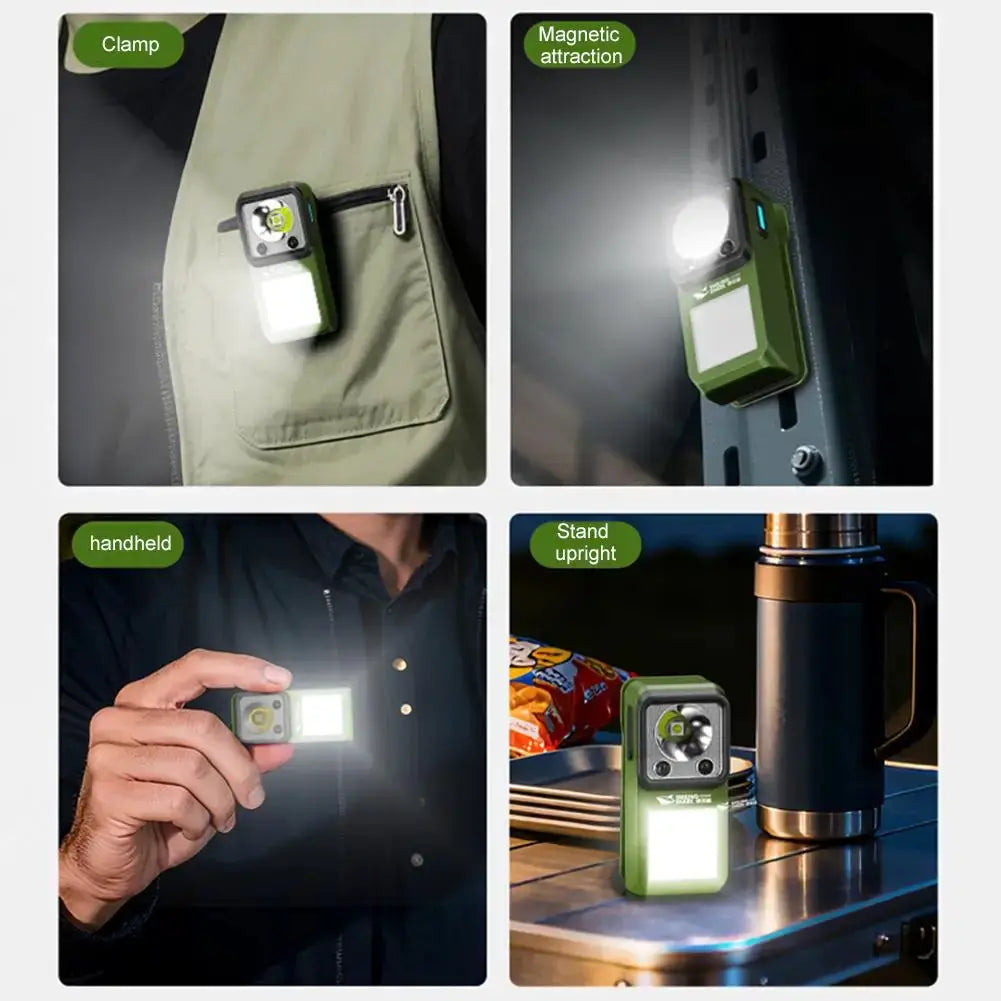 Set of four views of Simples Market LED magnetic clamp flashlight, green clip-on rechargeable outdoor light