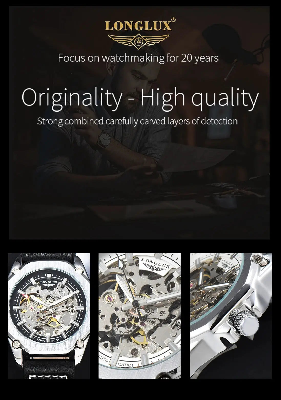 Men's skeleton automatic watch by Longlux with black leather strap and stainless steel case