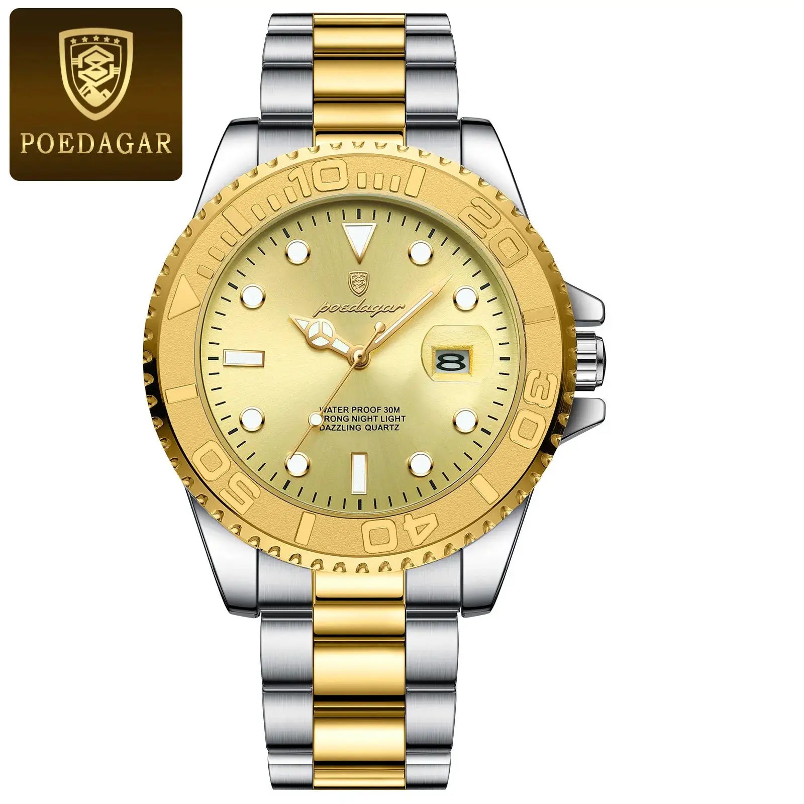 POEDAGAR luxury men's watch; two-tone gold and silver stainless steel with date window