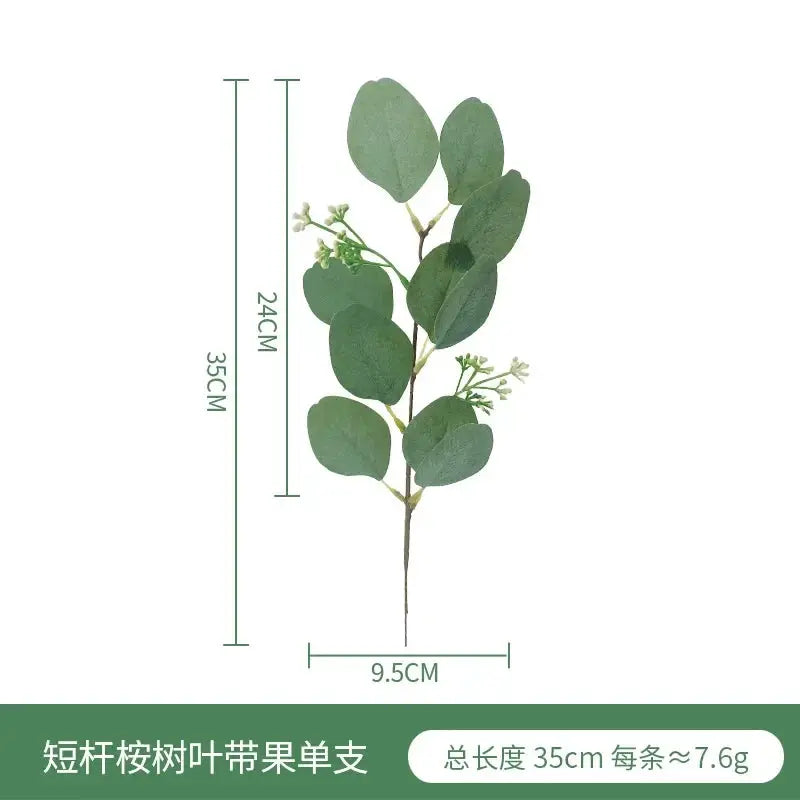 Artificial eucalyptus stem with green leaves and tiny white flowers; Simples Market, 35 cm tall