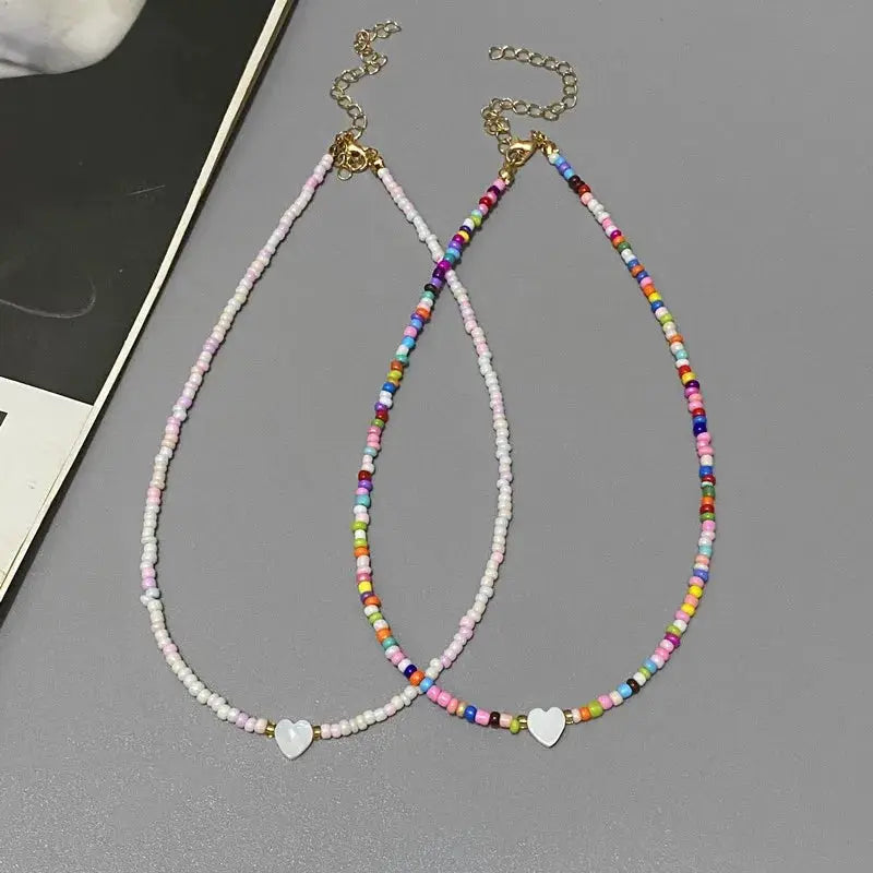 New Nature Shell Love Heart Choker Necklace For Girls Spring Summer Fashion Colorful Glass Beads Gift For Friend