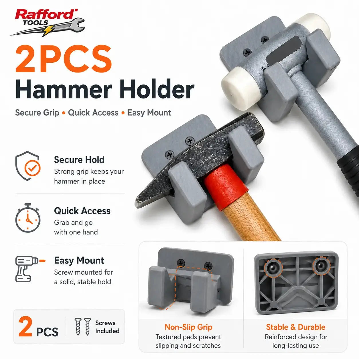 Rafford Tools 2PCS gray hammer holders wall-mounted, heavy-duty secure-grip hammer rack for garage.