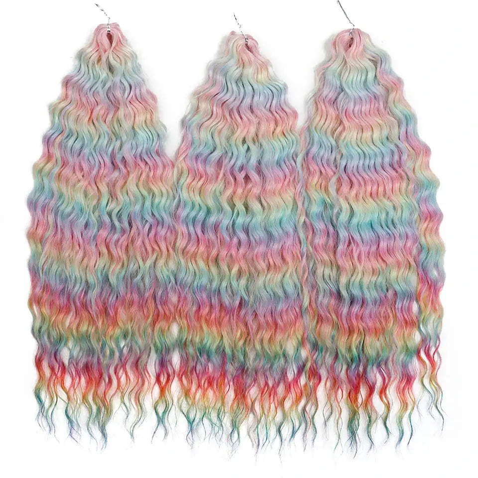Ariel Synthetic Twist Crochet Hair bundles, 22in water-wave extensions in pastel ombre rainbow 3-pack