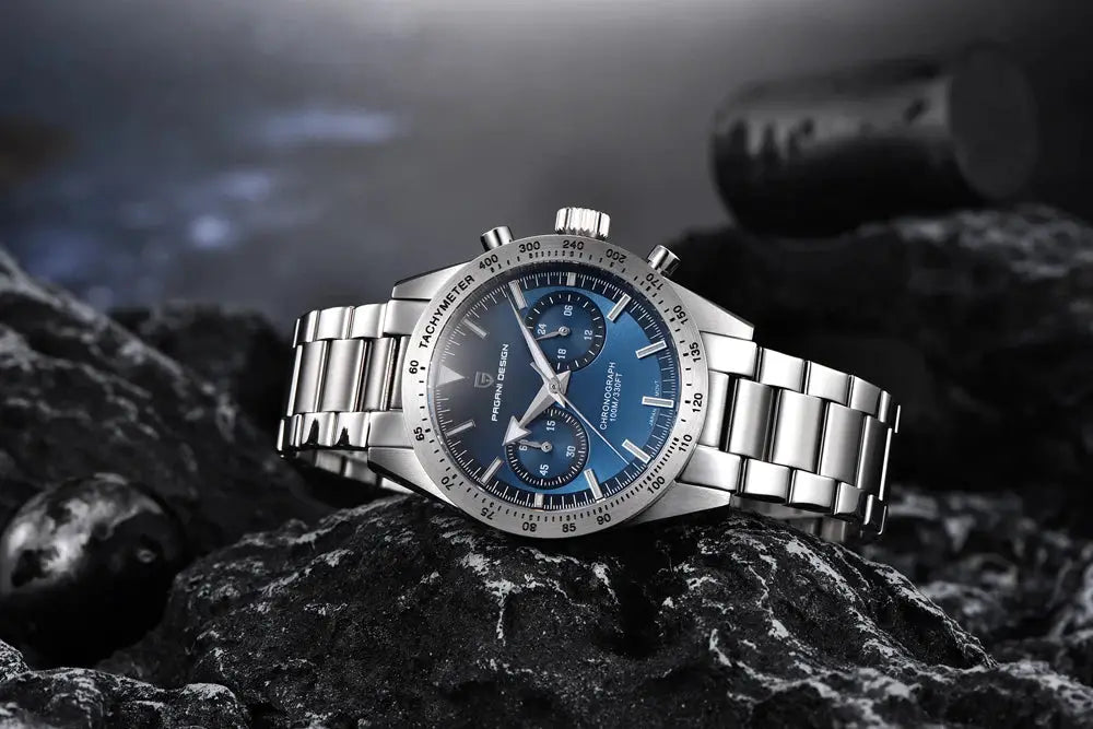 PAGANI DESIGN men's stainless steel watch with blue dial, chronograph and tachymeter bezel