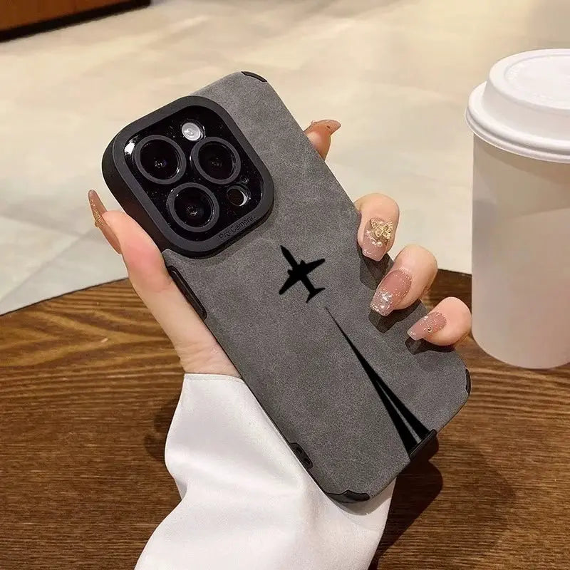 Simples Market luxury matte leather silicone iPhone case, gray with airplane graphic, lens protection, shockproof