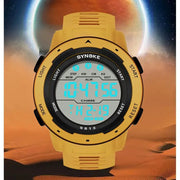 SYNOKE men's digital sport watch with yellow strap and large blue-backlit display