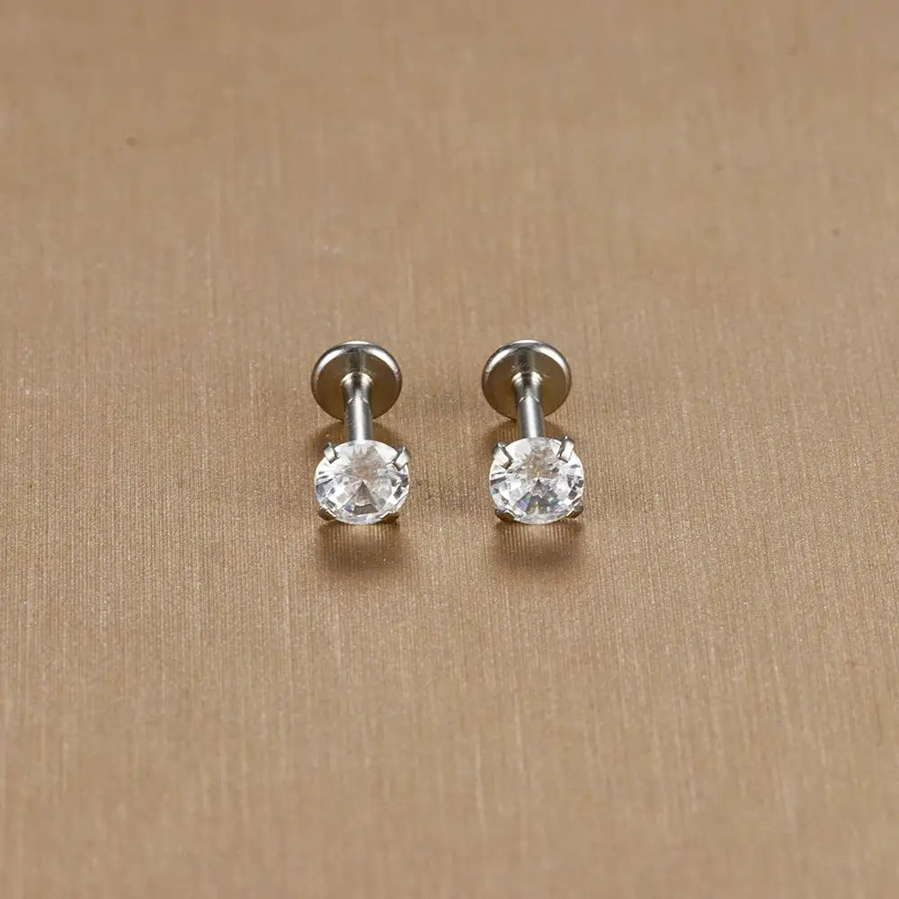 2pc labret tragus stud earrings, 16G surgical stainless steel with clear CZ crystals