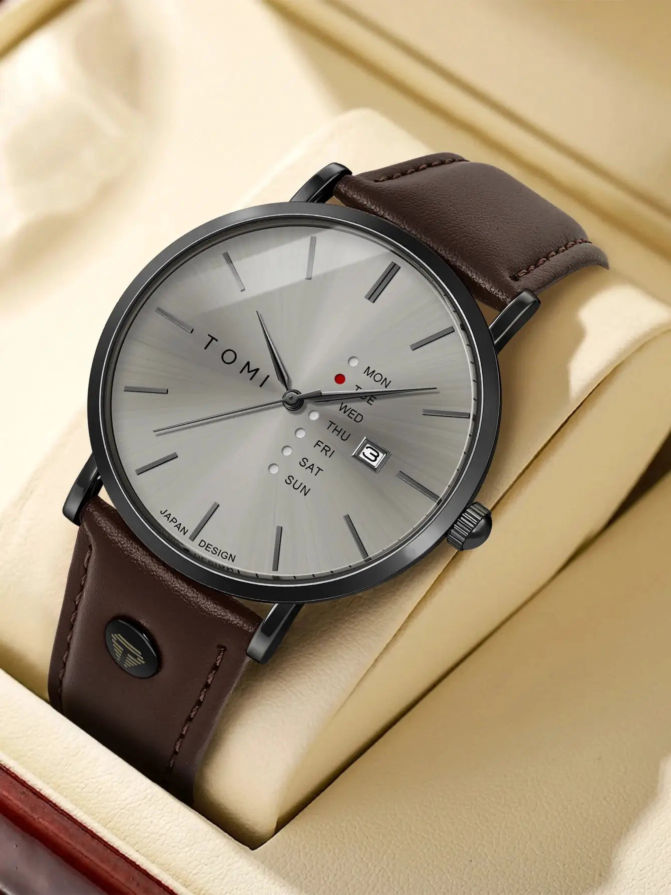 TOMI Trendy quartz men's watch with brown leather strap, silver dial and weekday calendar