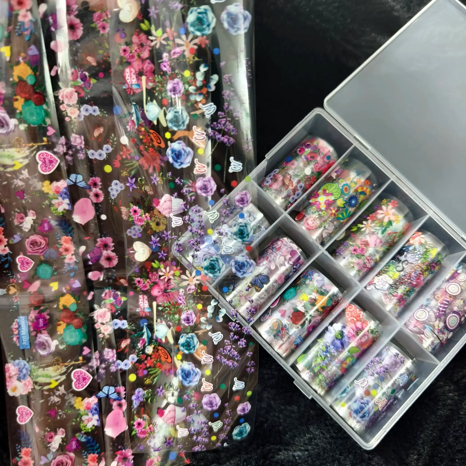Nail foil sheets and decals set, 10 rolls, colorful floral and bow designs, Simples Market