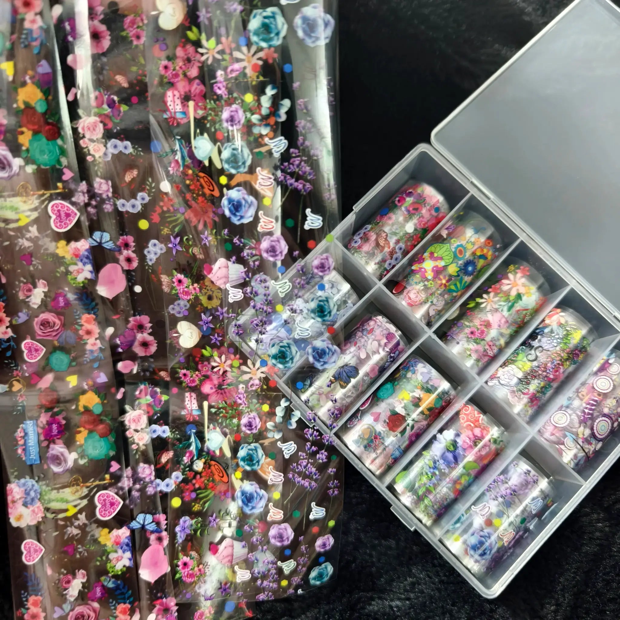 Nail foil sheets and decals set, 10 rolls, colorful floral and bow designs, Simples Market