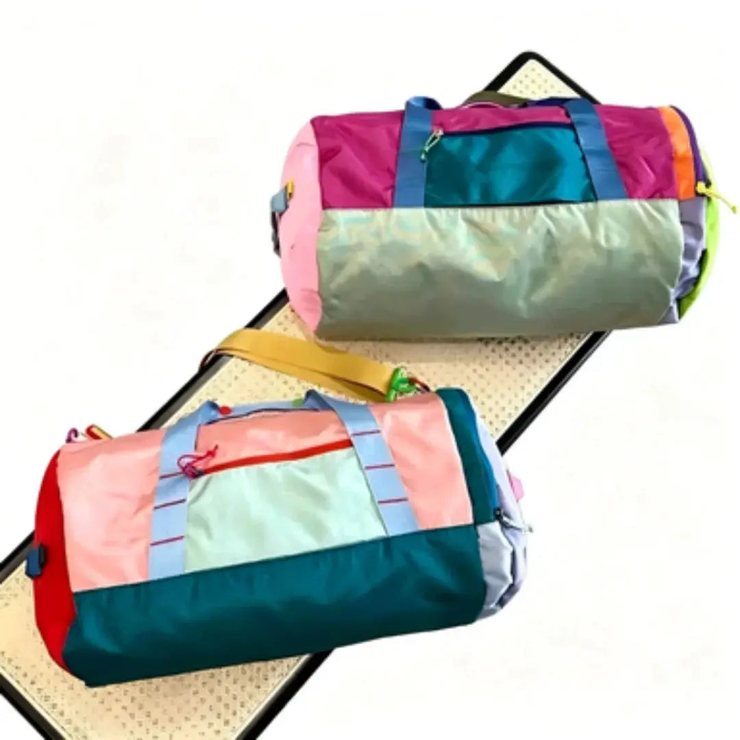 Two color-blocked nylon tote bags by Simples Market, unisex gym and travel storage bags