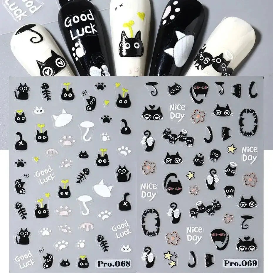 2pcs Black Cat Nail Stickers by Simples Market; 3D self-adhesive cartoon cat decals for manicure