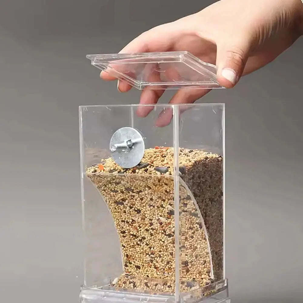 Parrot feeder, transparent plastic anti-spill bird food box with curved seed trough