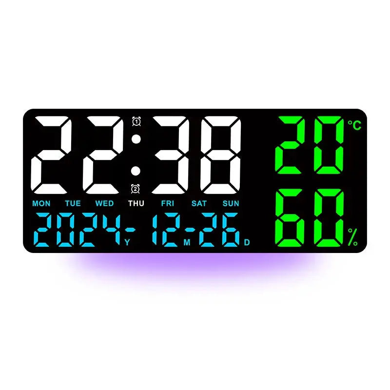 Large digital wall clock by Simples Market with 7-color mood light, 2 alarms, temp, humidity, date, 12/24h
