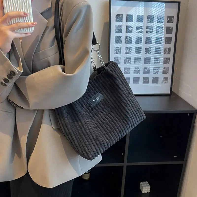 Women Corduroy Shoulder Bag by Simples Market; black corduroy, fixed shoulder strap.