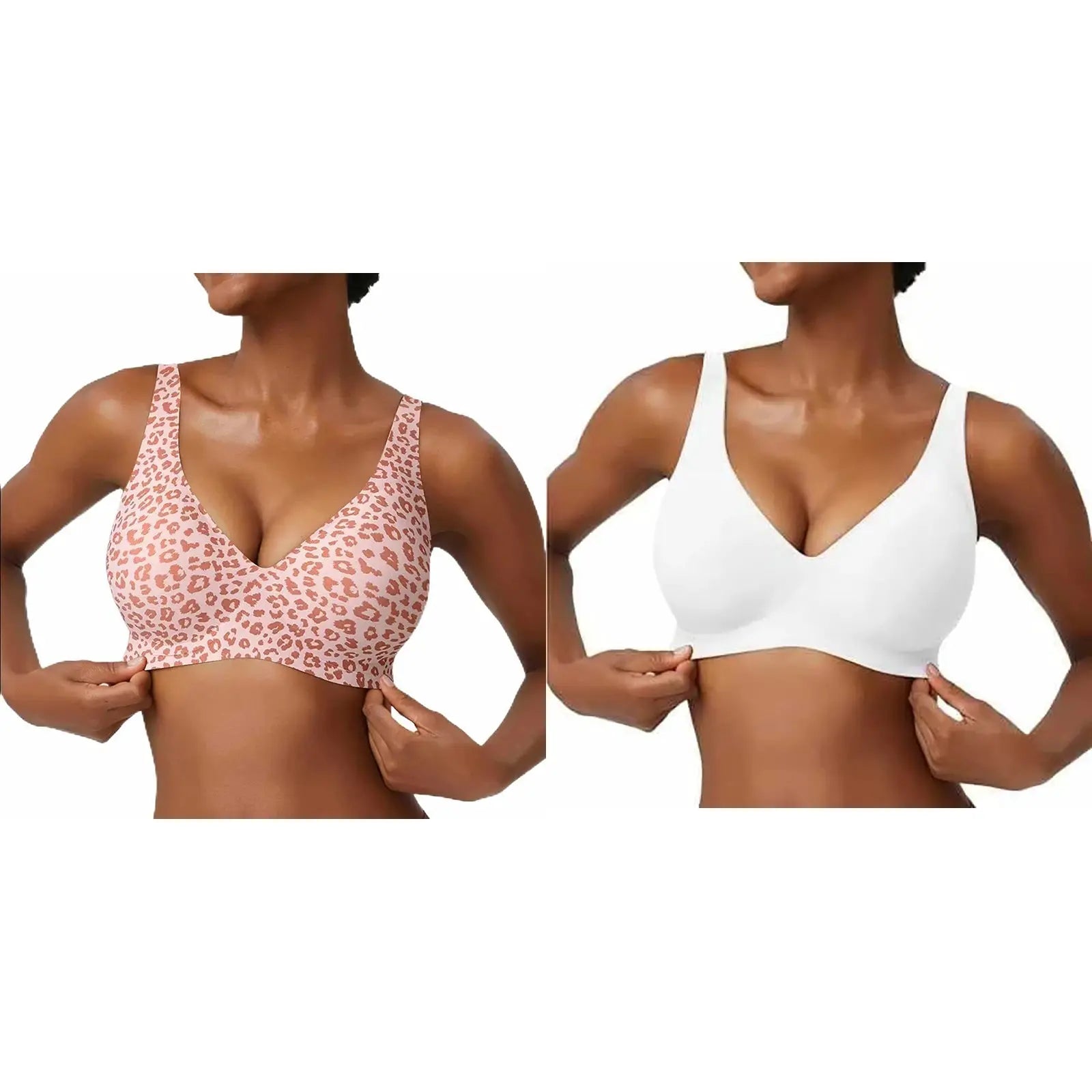Two women's wireless seamless bras in pink leopard print and white, full-cup soft molded cups with breathable support.