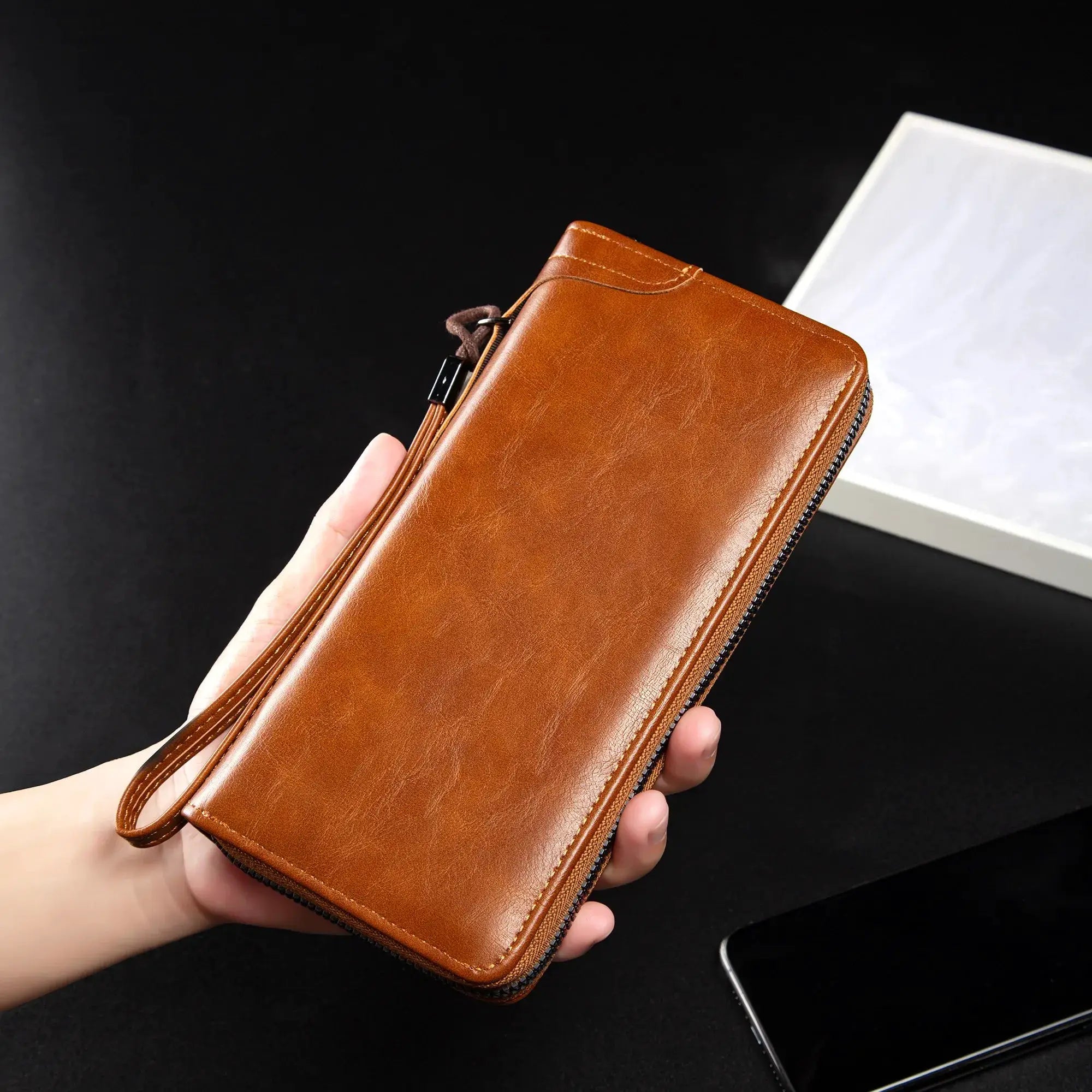 Men's long zipper wallet by Simples Market, brown PU leather with RFID blocking
