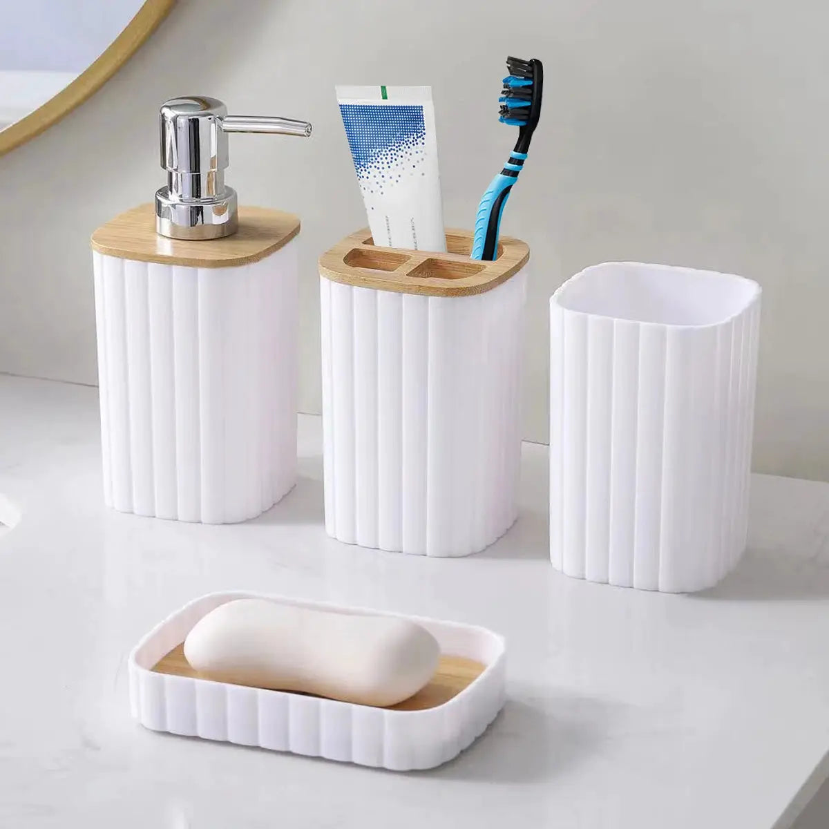 Simples Market 4-piece bathroom set: white ribbed ceramic with wood; dispenser, toothbrush cup, soap holder and dish