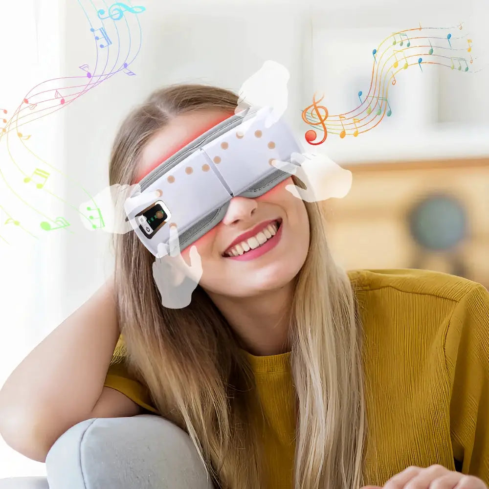Foldable eye massager headset in gray with airbag massage and Bluetooth music