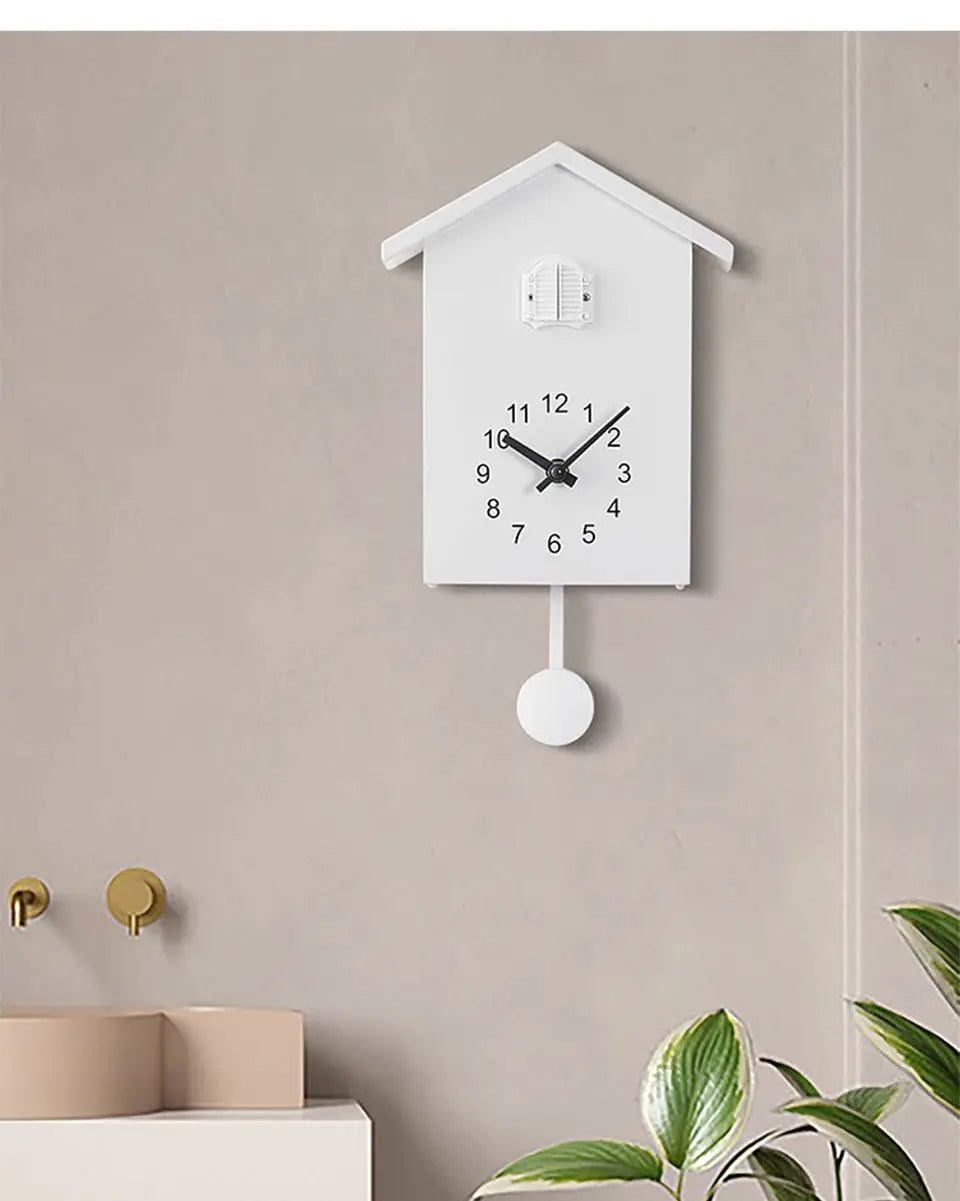 White cuckoo quartz wall clock with pendulum, house-style modern decor for living room or office