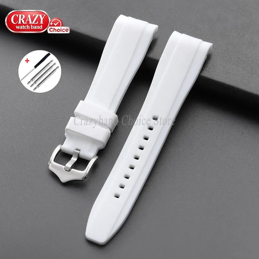 White silicone watch strap pair by Crazy watch band for 20/22mm watches with buckle and spring bars.