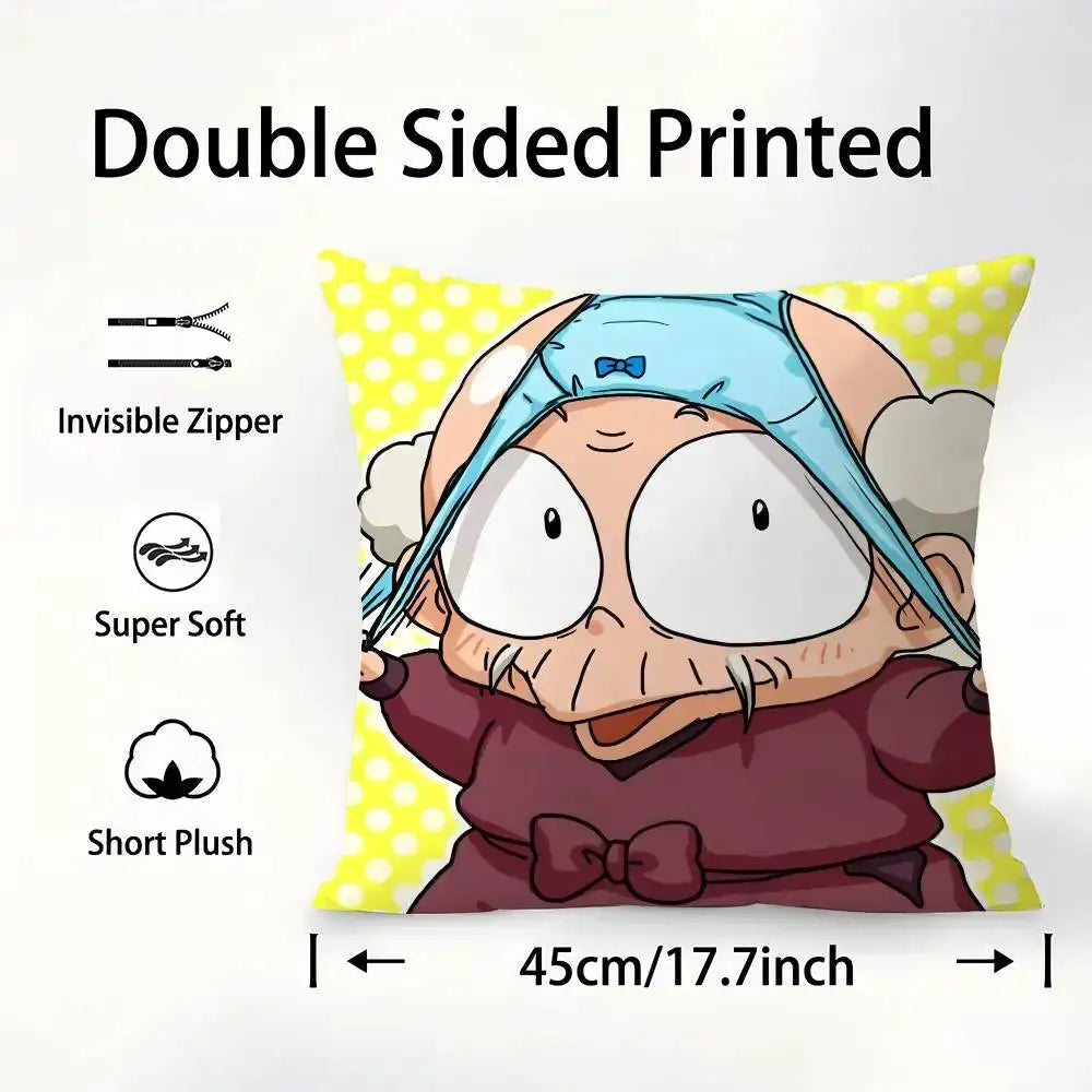 P Chan Ranma cartoon pillow case, double-sided print, short plush cover in yellow with Simples Market branding.