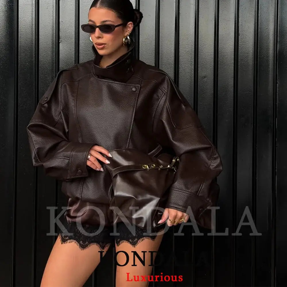 Kondala Womens Black Leather Jacket Casual Chic Oversized Elastic Fit With Button Details For Streetwear 2026