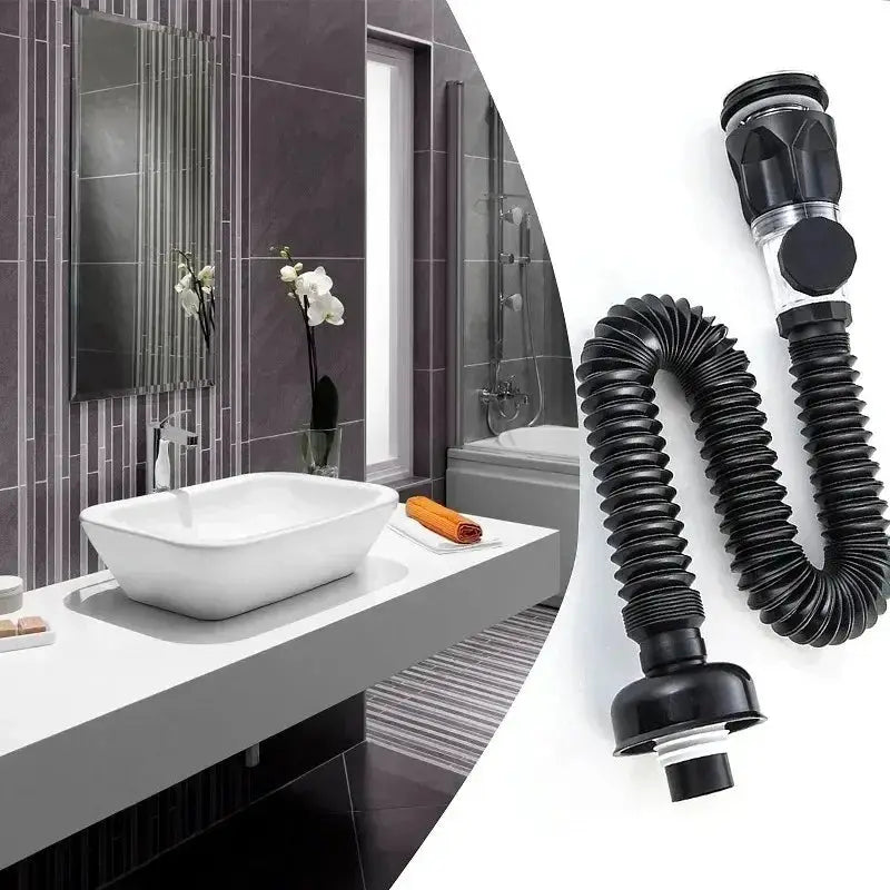 2-piece universal flip washbasin drainage pipe kit in black with flexible corrugated hose and fittings