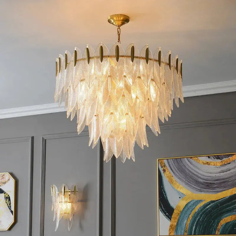 French Romantic Glass Chandelier pendant lamp by Simples Market with leaf-shaped clear glass petals and gold finish
