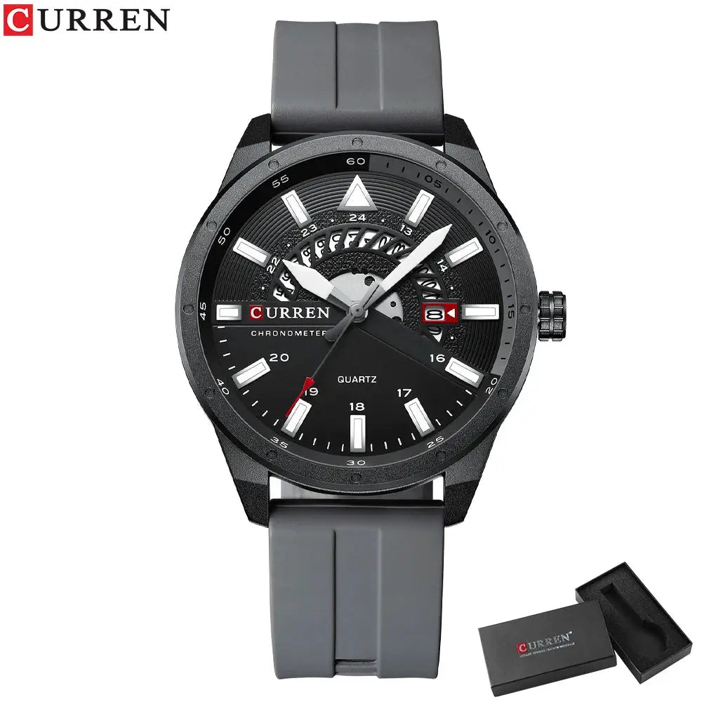 CURREN men's wristwatch with gray silicone strap, black skeleton dial and date display; includes box