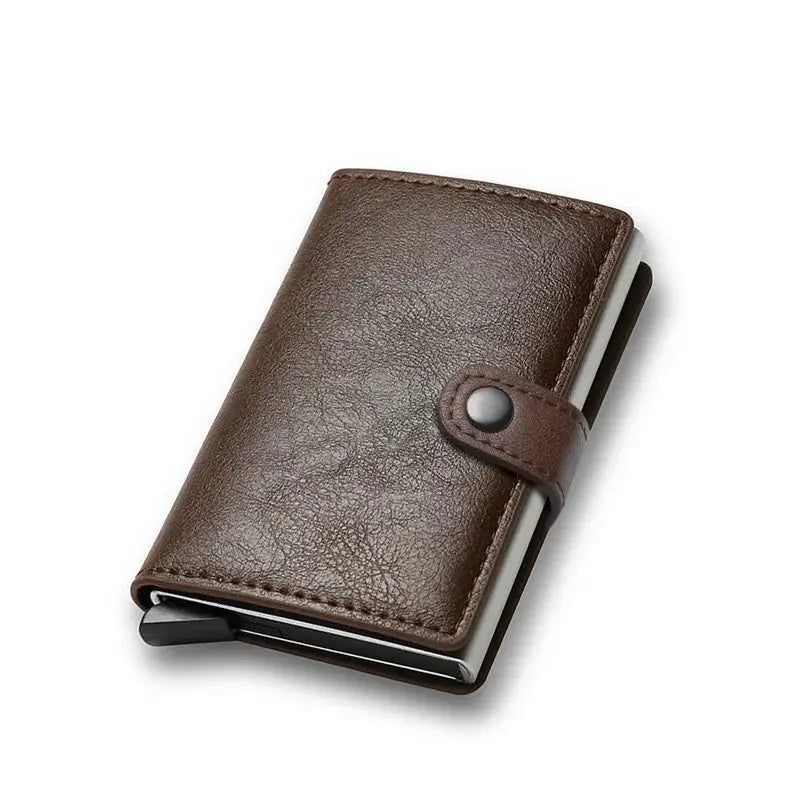 Brown leather minimalist card holder wallet with snap strap