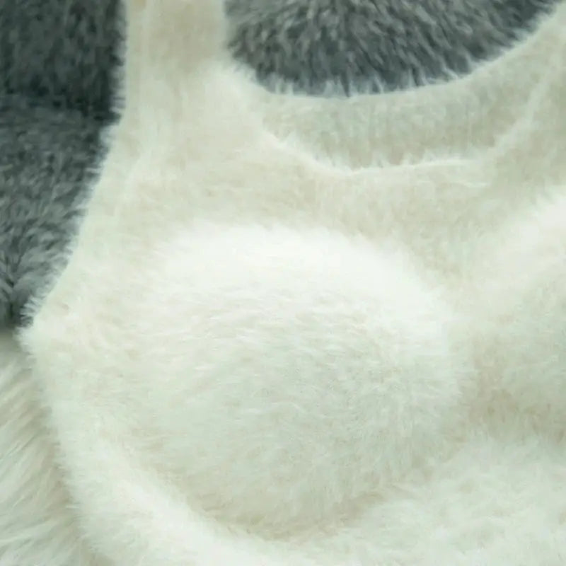 Plush warm wool fabric close-up in cream and gray, Simples Market