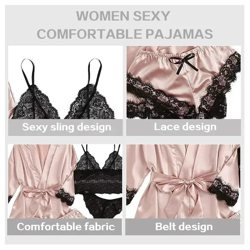 LuxeSilk 4 Piece Satin Sleepwear Set With Lace Robe For Women Breathable Silk Comfort And Elegant Nightwear