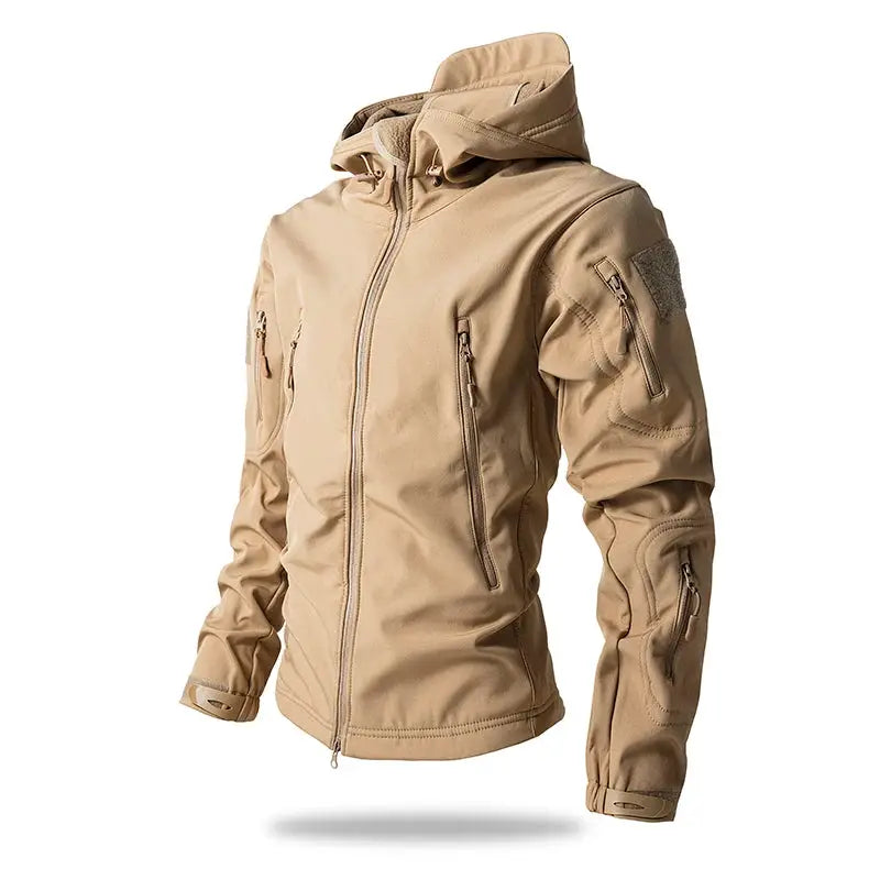 Simples Market Lurker Shark Skin soft shell tactical jacket for men, tan waterproof hooded coat with zip pockets