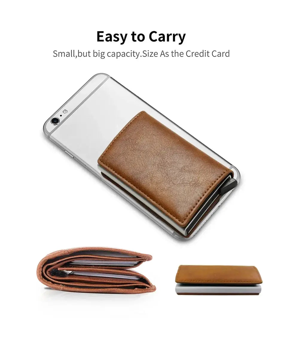 Card holder wallet set: 3 brown leather anti-RFID card holders shown with a phone and slim metal holder