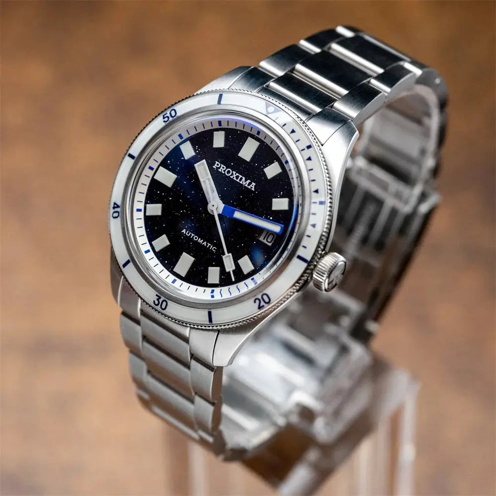 Proxima PX1721 men's automatic watch with blue aventurine dial, date at 3, 39mm stainless steel bracelet