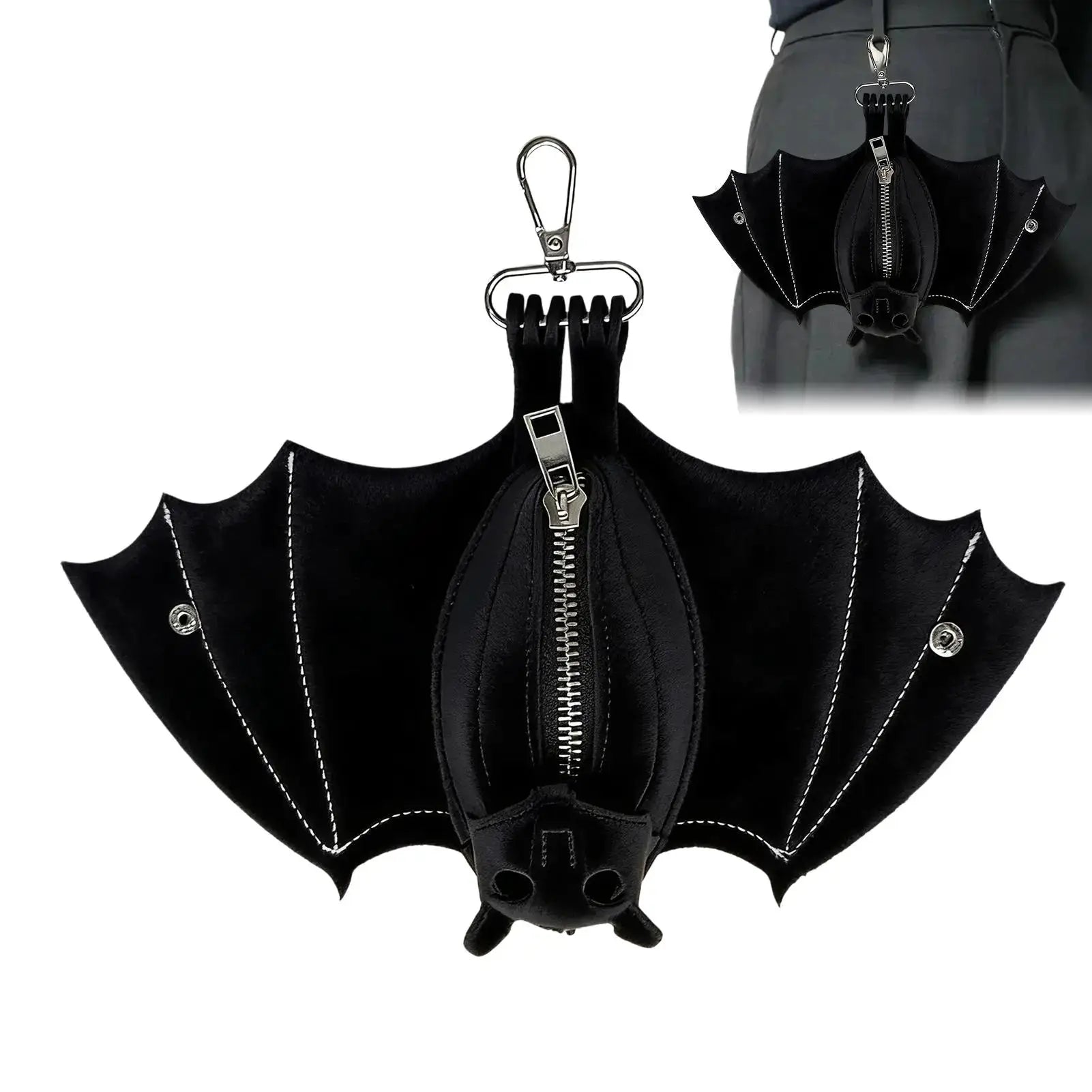Coin purse bat-shaped in black PU leather with foldable wings and metal keychain clip