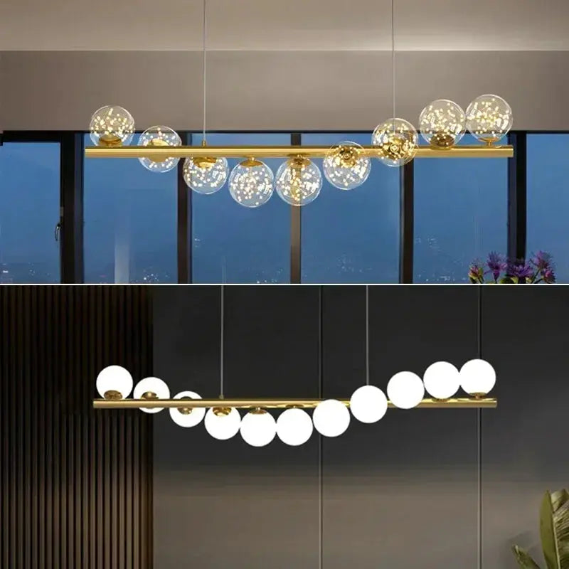 Nordic Ceiling Chandelier by Simples Market; gold brass bar with clear glass globes for living room or office.