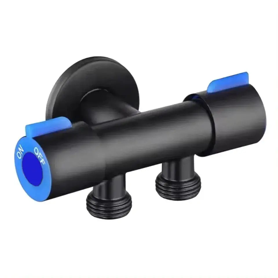 Stainless steel angle valve with 1 inlet and 2 outlets, dual blue control handles