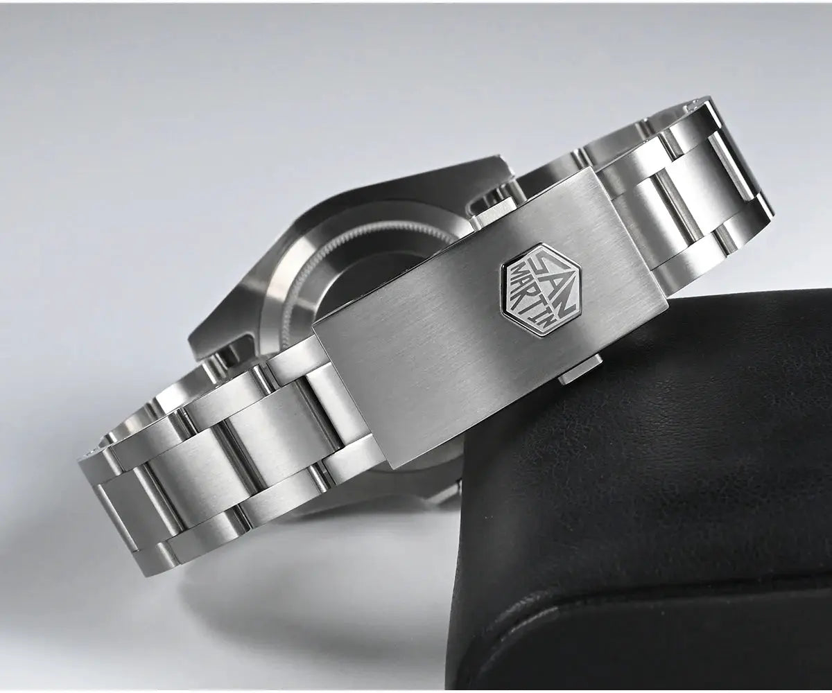 San Martin 40mm Water Ghost Diver Watch with brushed stainless steel bracelet and branded clasp