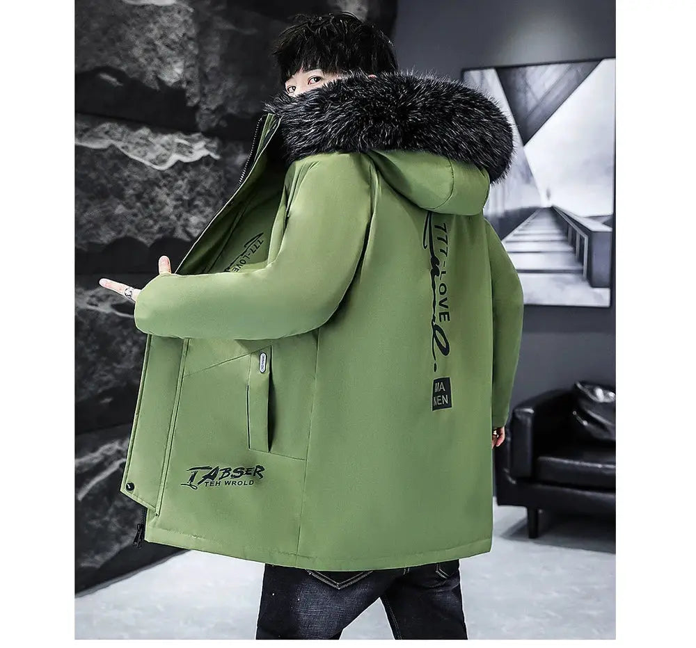 Winter olive-green men's down parka with black fur-trimmed hood, long padded coat 5XL by Simples Market