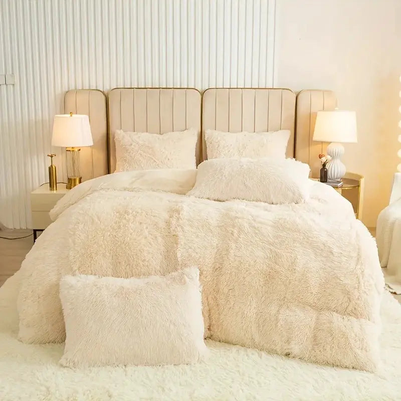 3-Piece Plush Duvet Cover Set by Simples Market in cream plush fabric on a bed with fluffy pillows.